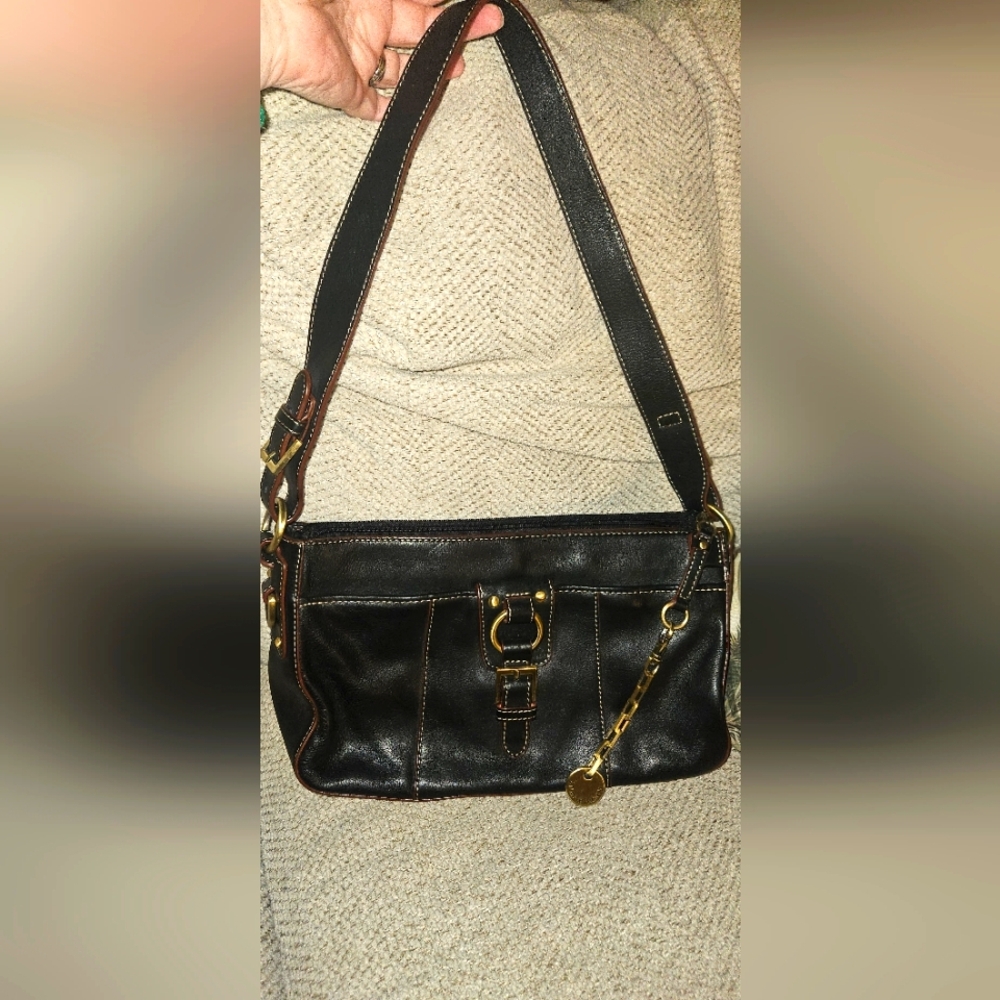 Beautiful Black Leather Etienne Aigner Shoulder Bag Brass Hardware Stunning